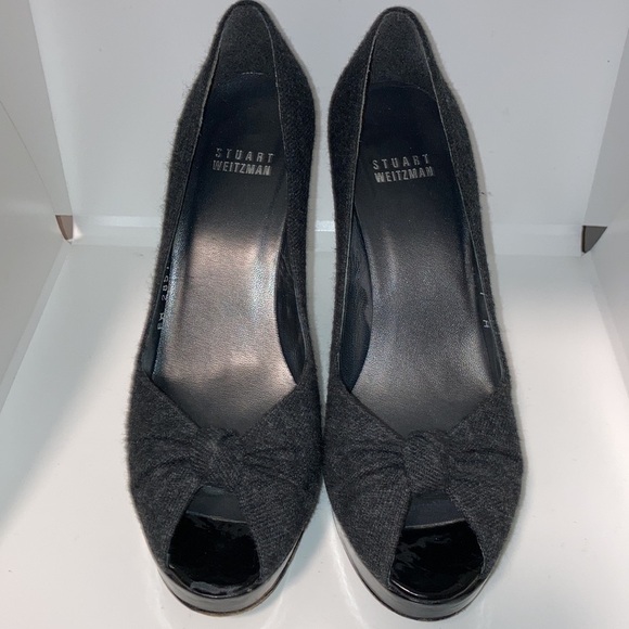Stuart Weitzman Black Grey Tweed Peep Toe Stiletto Pumps Heels SIZE 7 Platform - Picture 2 of 10